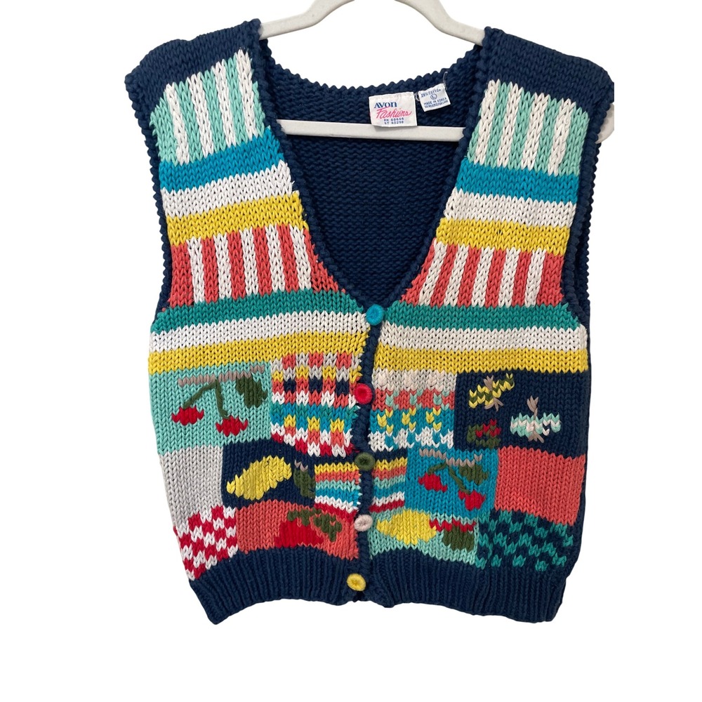 Vtg 80s Avon Fashions Patchwork Knit Sweater Vest Fruit Size L Cottagecore